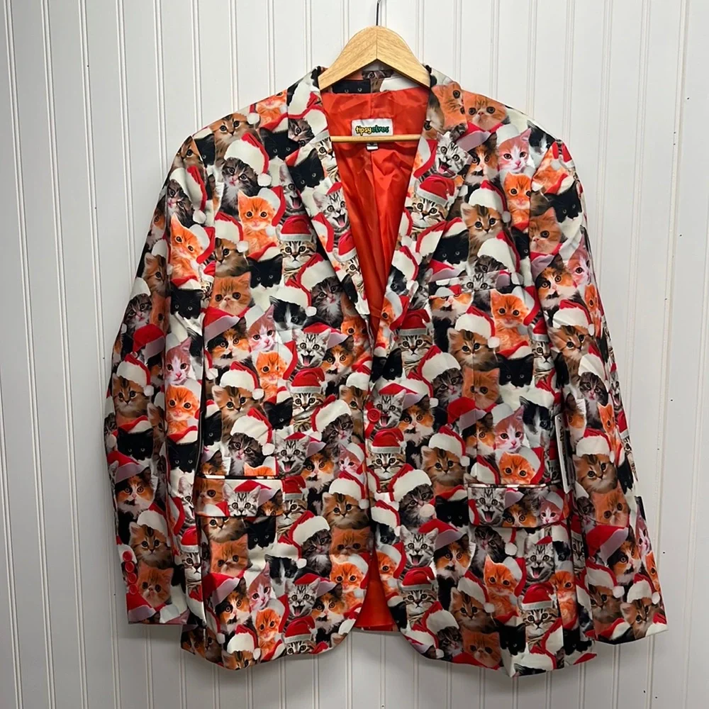 Tipsy‎ Elves Men’s Meowy Christmas Cat Blazer Size 48 Holiday Ugly NWT No Tie